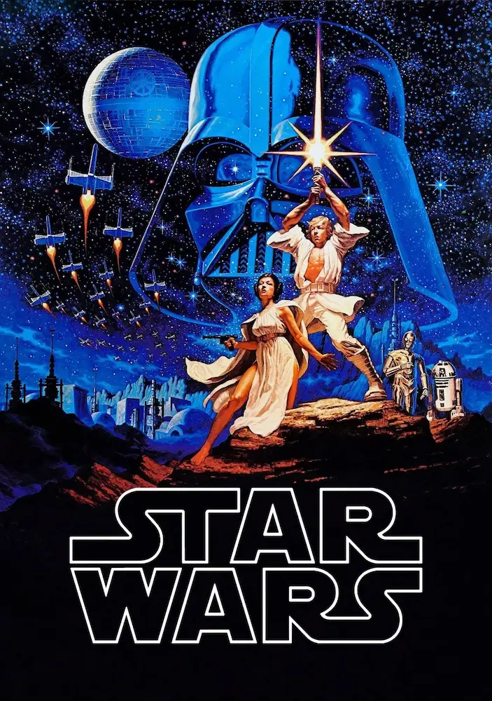 Classic 1977 Star Wars movie poster featuring Luke Skywalker holding a lightsaber, Princess Leia, Darth Vader’s looming figure, and space battle scenes—marking a turning point in sci-fi film history.